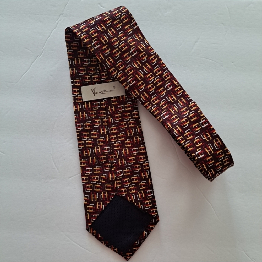LeVieux Commandant Silk Brown Gold White Red Interlock Squares Tie